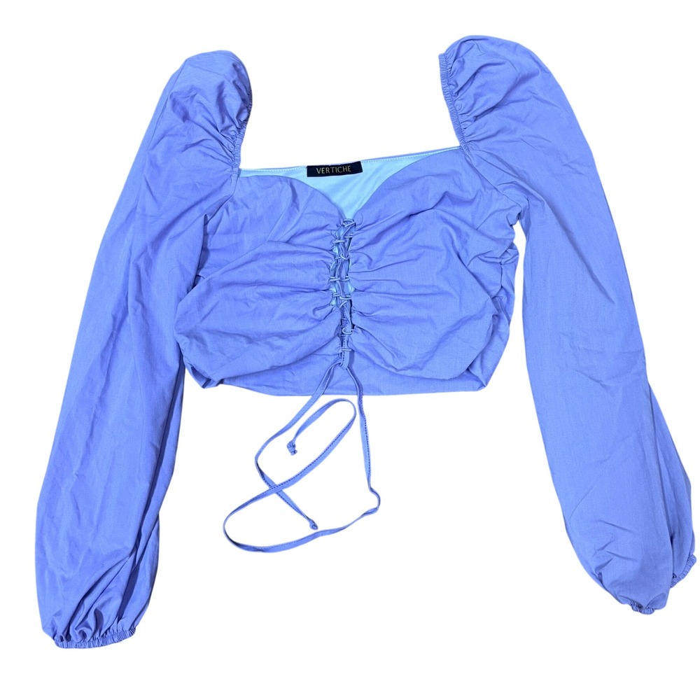 Vertiche Coquette Cottagecore Romantic Purple Ruched Puff Sleeve Crop Top Large